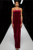 Velvet Strapless Mermaid Maxi Cabernet Formal Dress with Bow