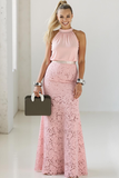 Pink High Neck A Line Maxi Wedding Guest Dress with Lace