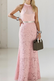 Pink High Neck A Line Maxi Wedding Guest Dress with Lace