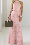 Pink High Neck A Line Maxi Wedding Guest Dress with Lace