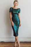Sparkly Dark Green Sheath Boat Neck Sequin Wedding Guest Dress