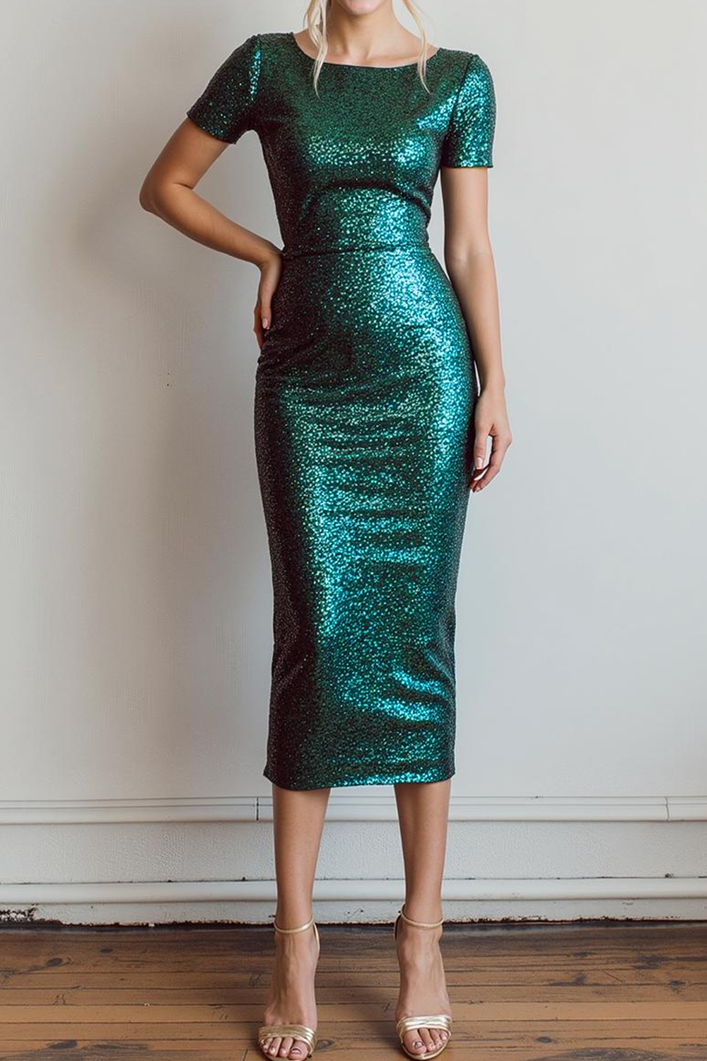 Sparkly Dark Green Sheath Boat Neck Sequin Wedding Guest Dress