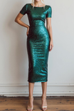 Sparkly Dark Green Sheath Boat Neck Sequin Wedding Guest Dress