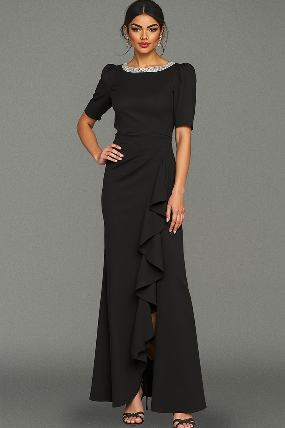 Mermaid Ruffled Maxi Black Formal Dress with Beading