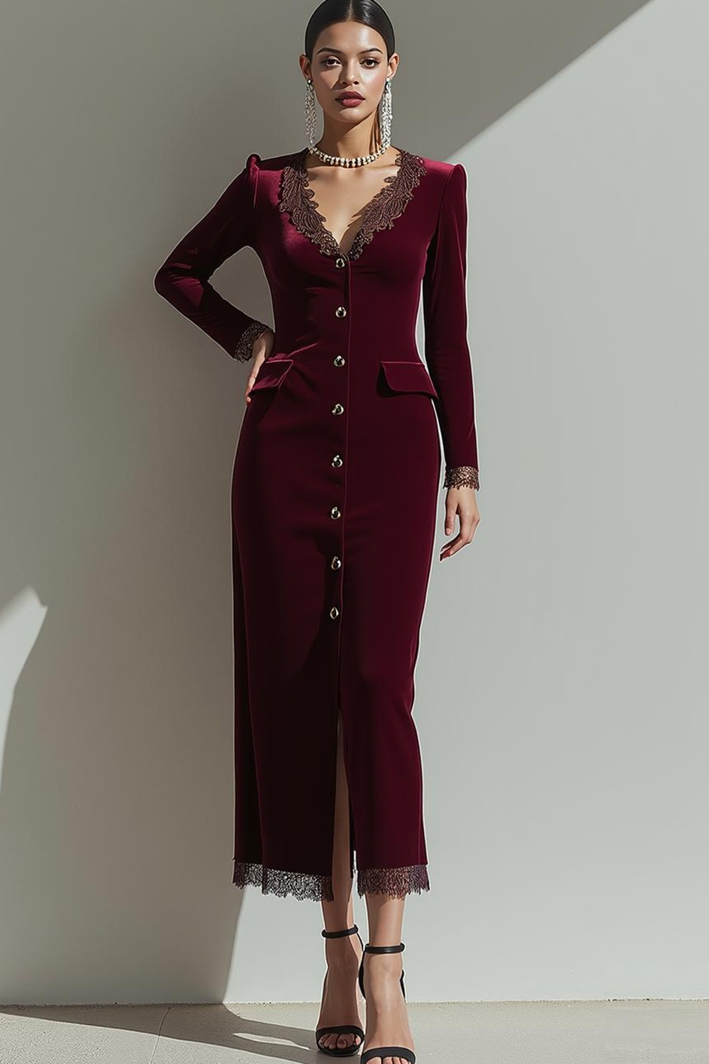 Maxi Cabernet Velvet V-Neck Sheath Holiday Party Dress with Buttons