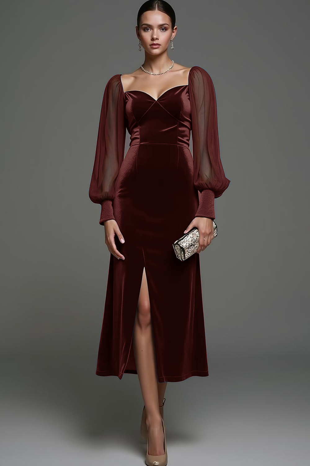 Navy Sheath Velvet Midi Formal Dress with Slit
