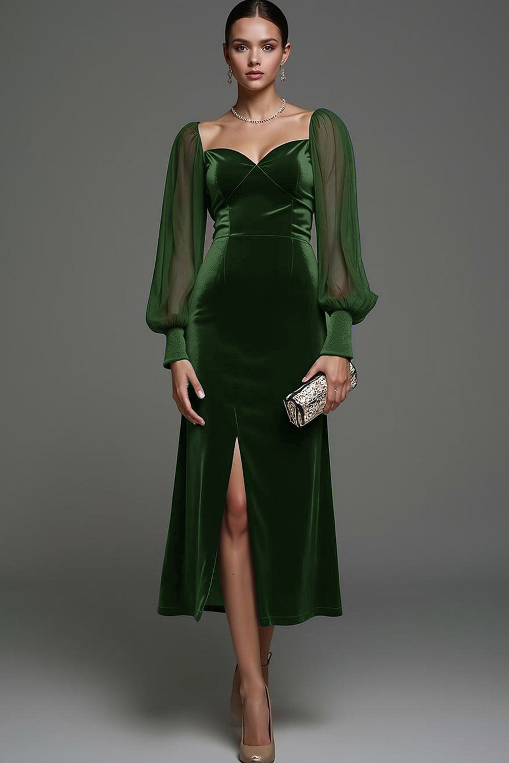 Leely Women Dark Green Velvet Midi Formal Dress with Slit Sheath Long Sleeves Holiday Party Dress