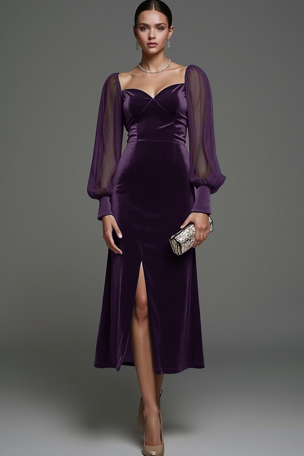 Dark Green Sheath Velvet Midi Holiday Party Dress with Slit