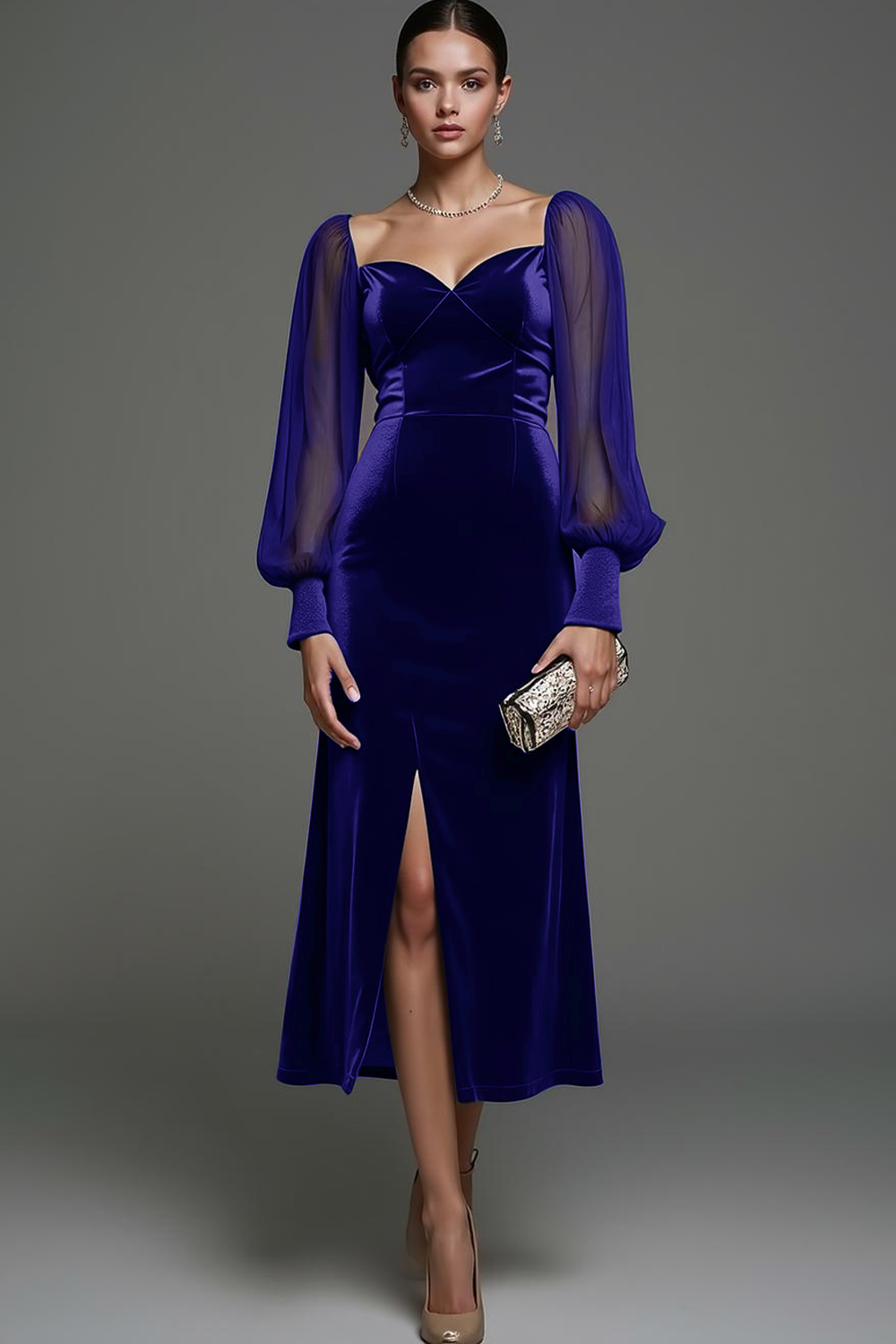 Navy Sheath Velvet Midi Formal Dress with Slit