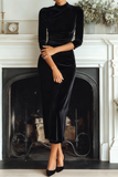 Dark Green Velvet High Neck Sheath Long Formal Dress with Sleeves