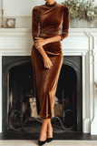 Dark Green Velvet High Neck Sheath Long Formal Dress with Sleeves