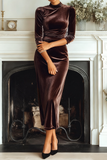 Dark Green Velvet High Neck Sheath Long Formal Dress with Sleeves