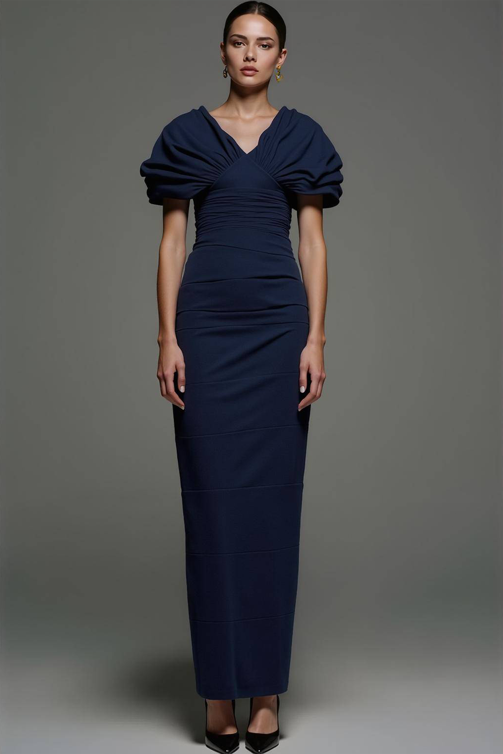 Navy Sheath Long V Neck Simple Formal Dress