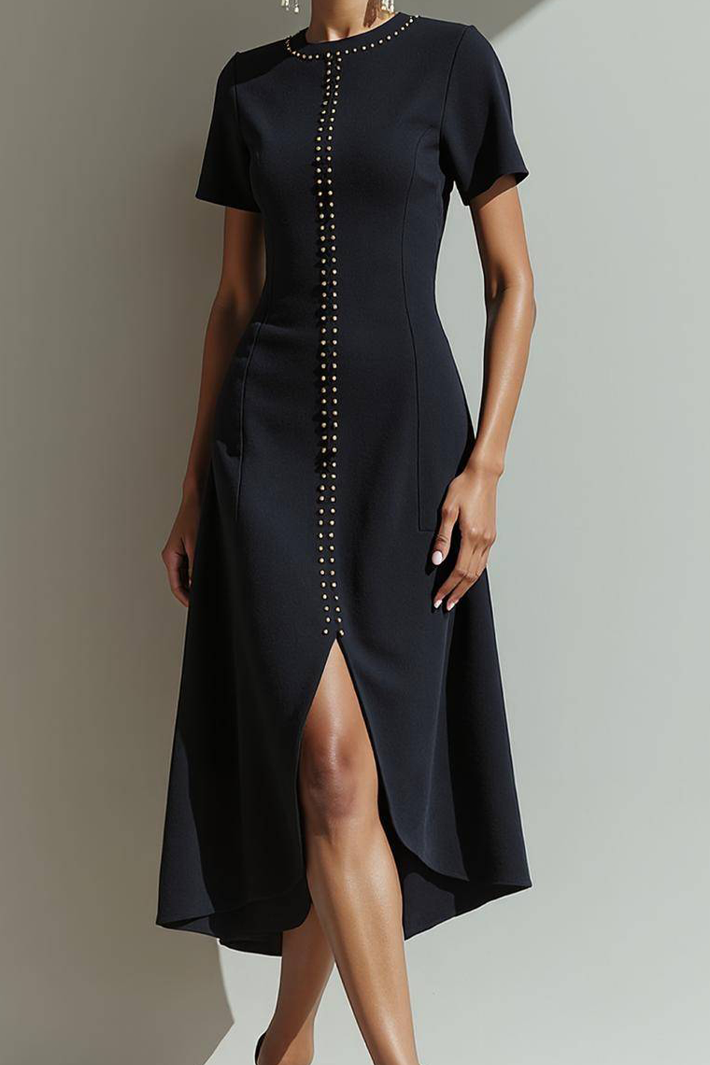 Black A Line Short Sleeves Midi Formal Dress with Slit