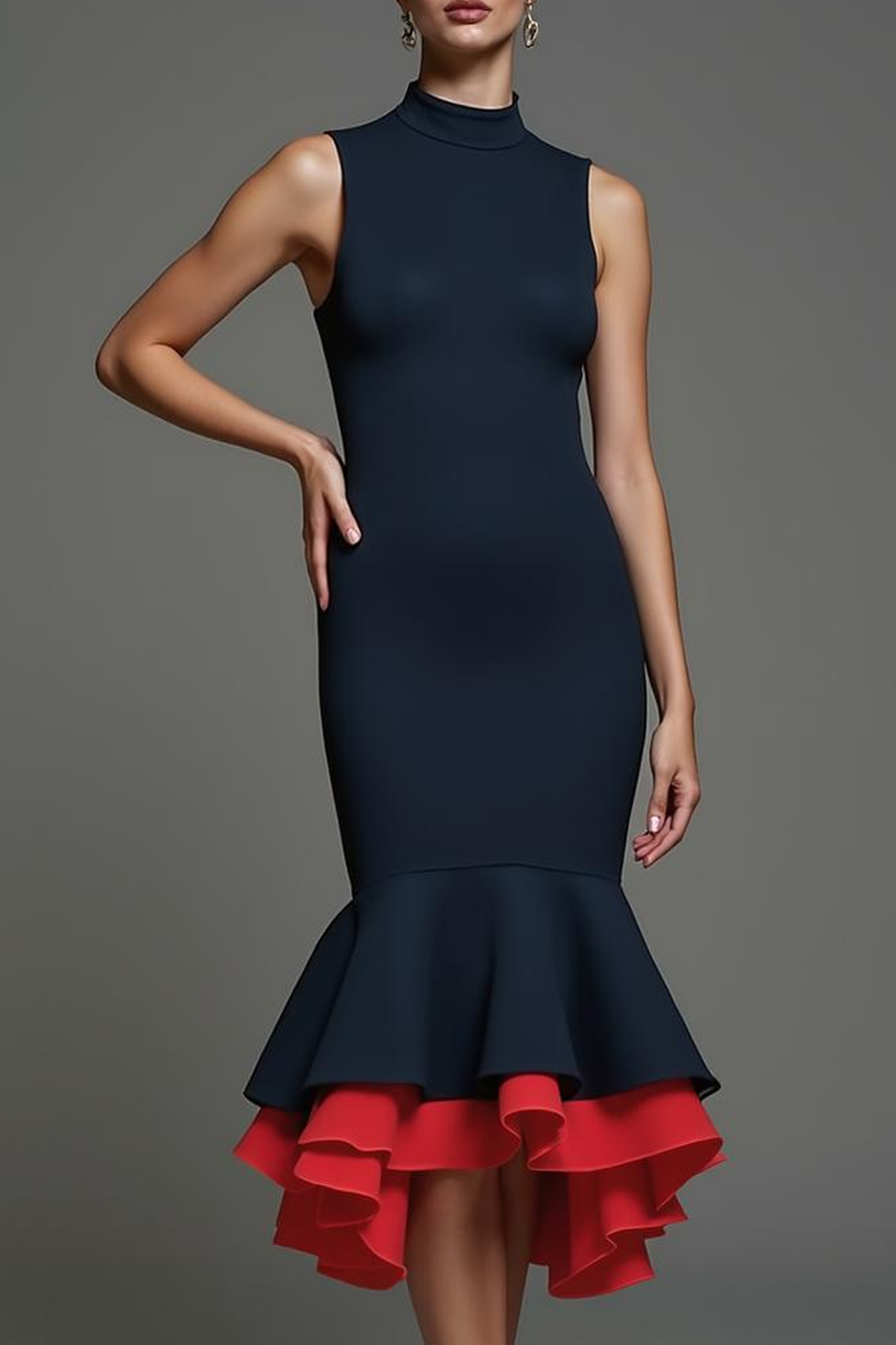Navy High Neck Mermaid Midi Formal Dress with Ruffles