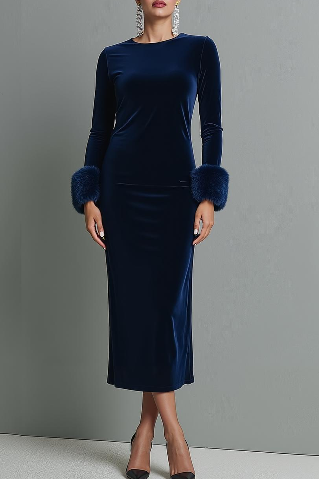 Dark Blue Velvet Sheath Long Holiday Party Dress with Sleeves