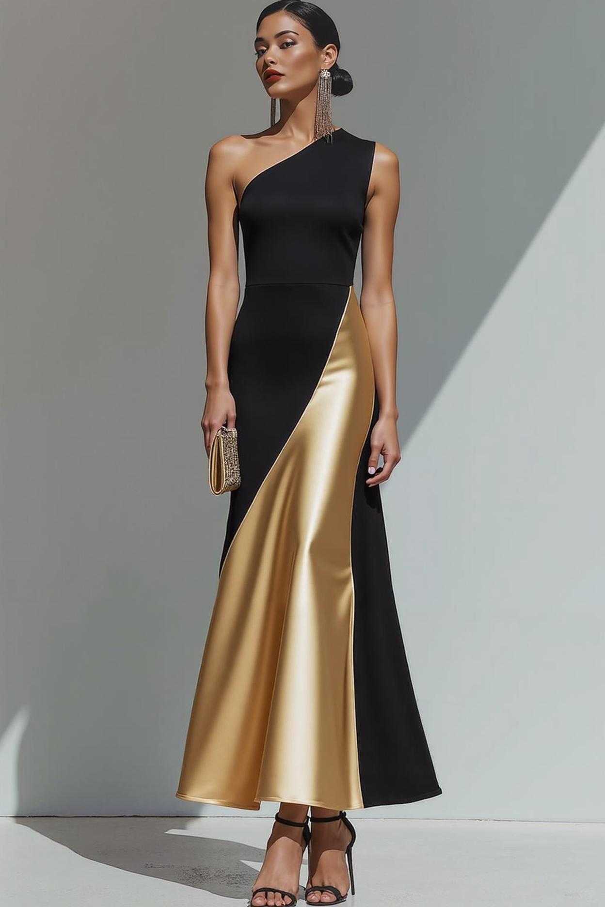 Black Patchwork Mermaid One Shoulder Long Formal Dress