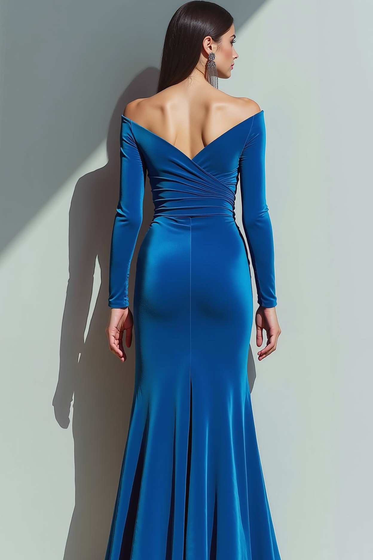 Velvet Blue Mermaid Long Formal Dress with Sleeves