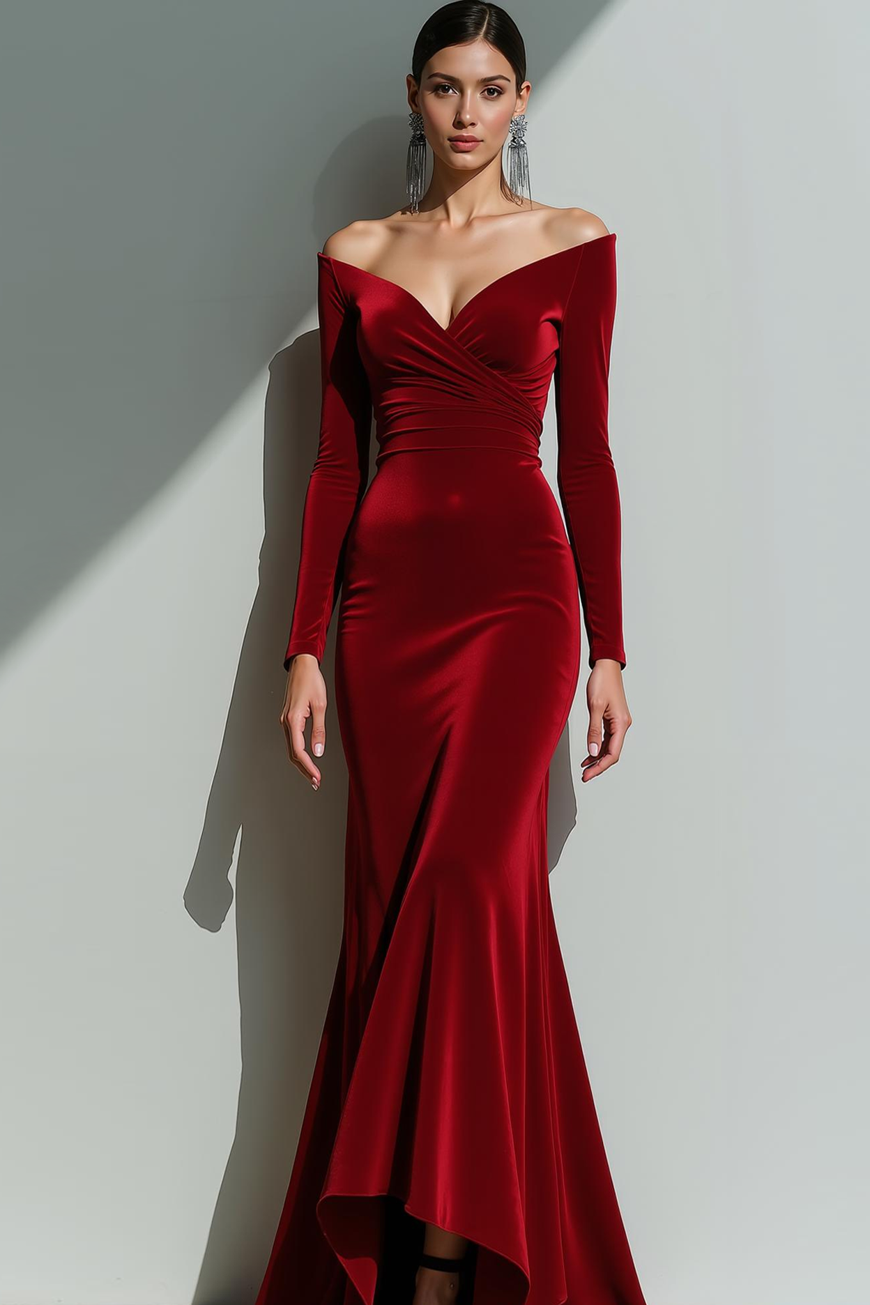 Velvet Blue Mermaid Long Formal Dress with Sleeves