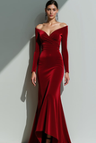 Velvet Blue Mermaid Long Formal Dress with Sleeves