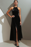 Black Velvet Round Neck Maxi Formal Dress with Slit