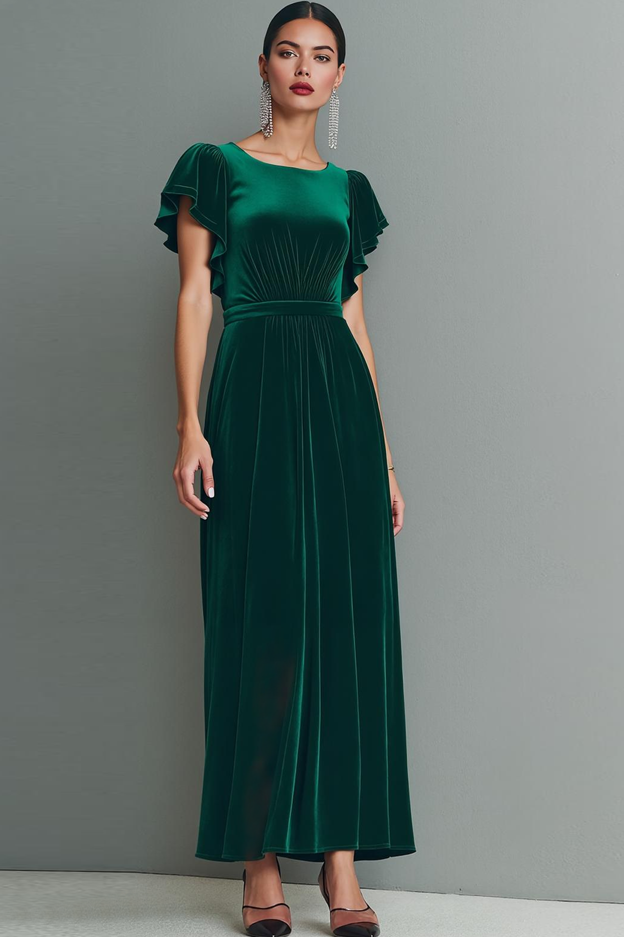Dark Green Velvet Sheath Maxi Holiday Party Dress with Sleeves