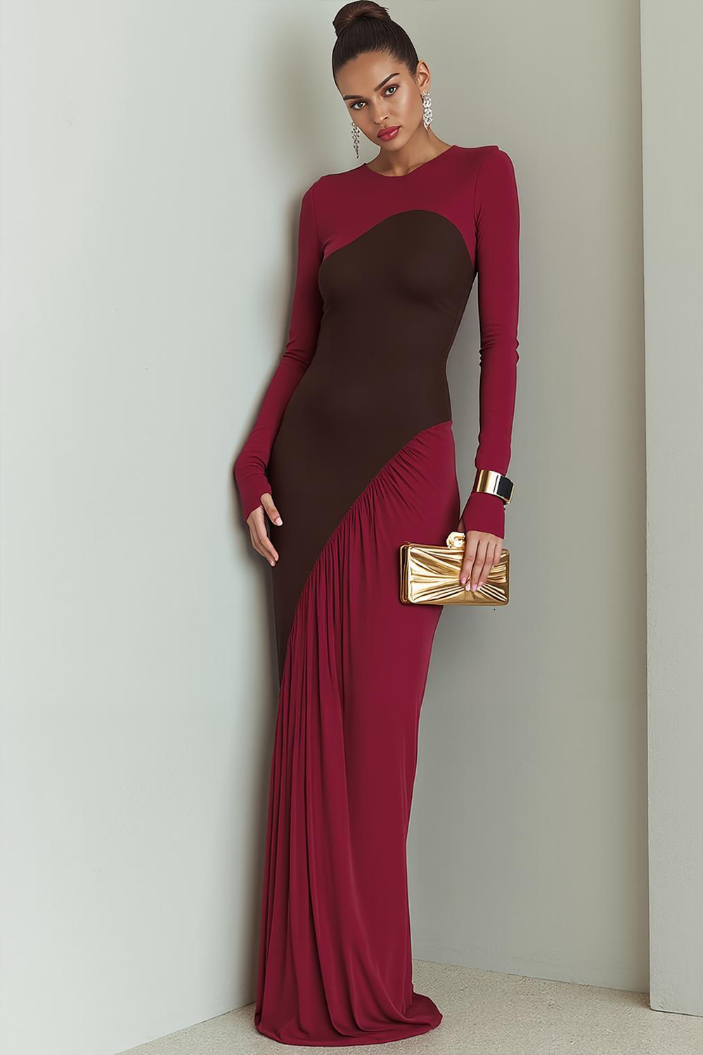 Cabernet Chiffon Mermaid Long Evening Dress with Sleeves