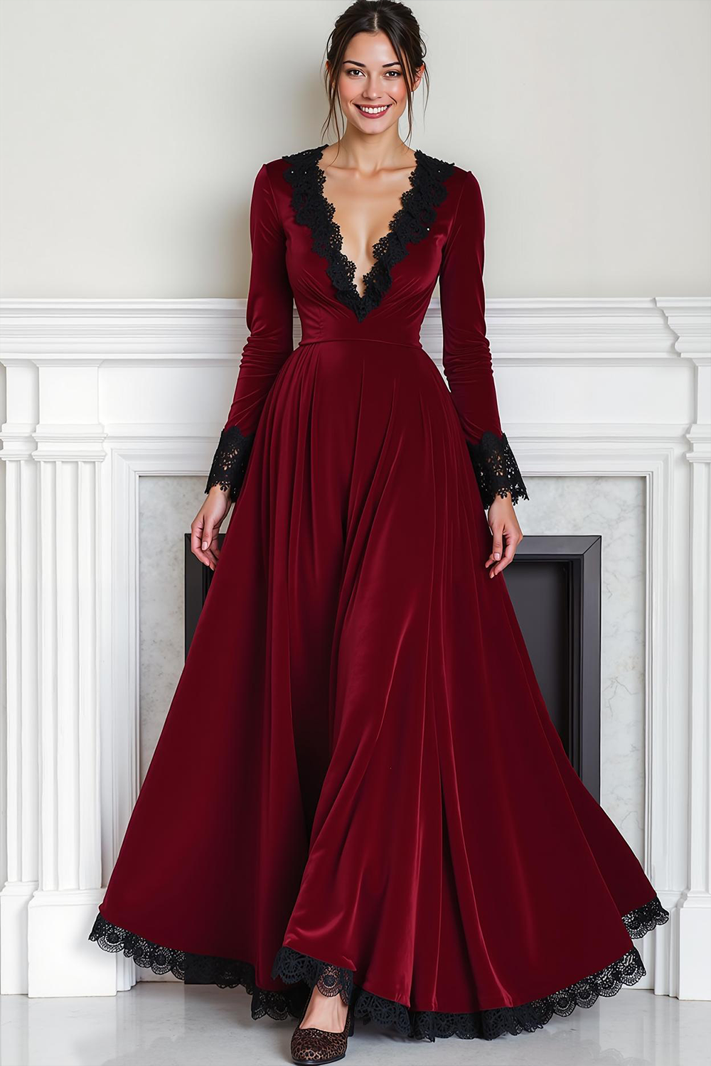 Cabernet A Line Velvet Maxi Evening Dress with Lace