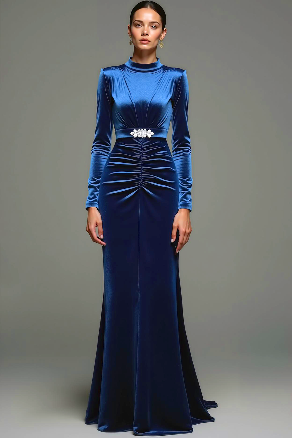 Royal Blue Mermaid Velvet High Neck Ruched Long Formal Dress