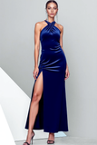 Navy Halter Velvet Sleeveless Long Formal Dress with Slit