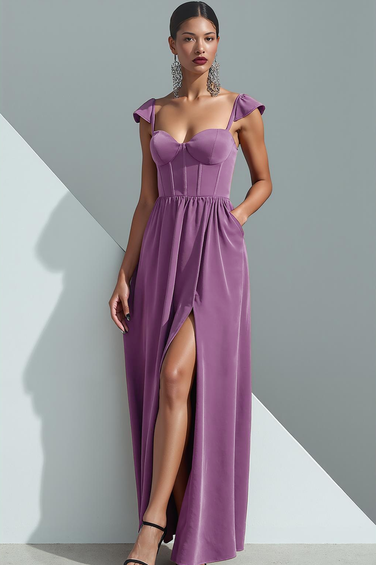 Desert Rose Corset Velvet Sheath Long Evening Dress with Slit