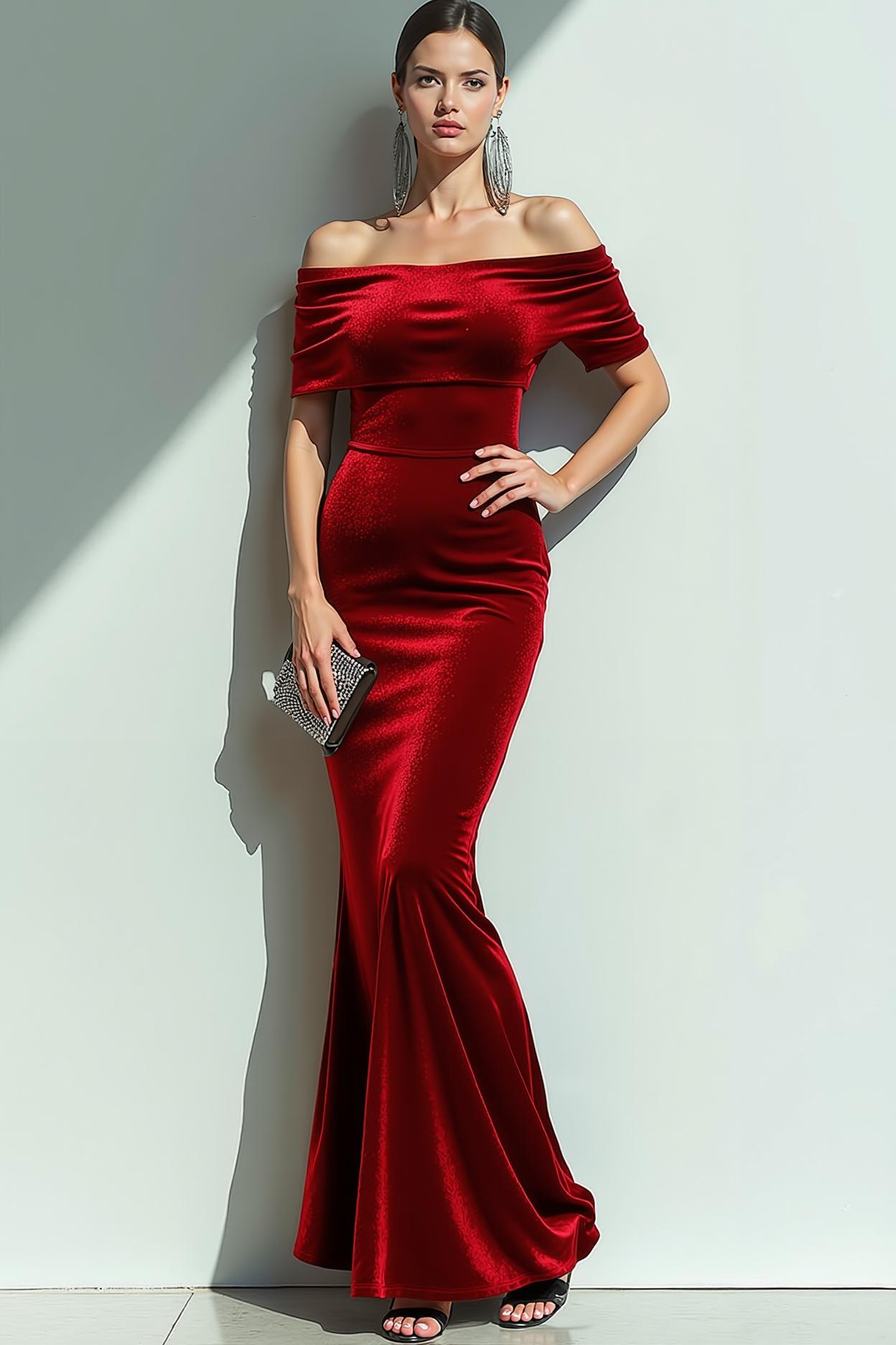 Navy Velvet Off the Shoulder Mermaid Long Formal Dress