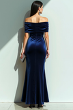 Navy Velvet Off the Shoulder Mermaid Long Formal Dress