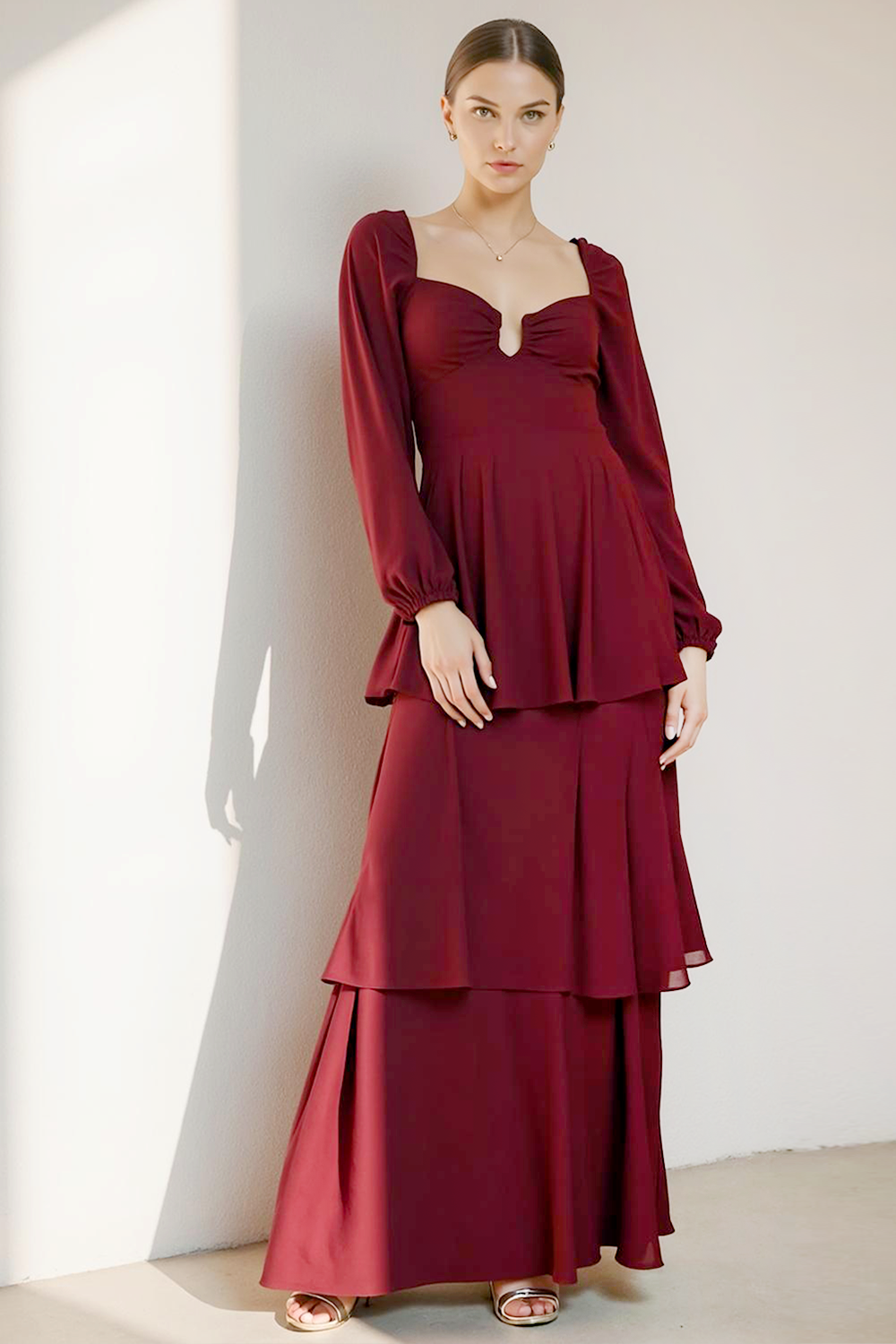 Cabernet Chiffon Tiered Long Evening Dress with Sleeves
