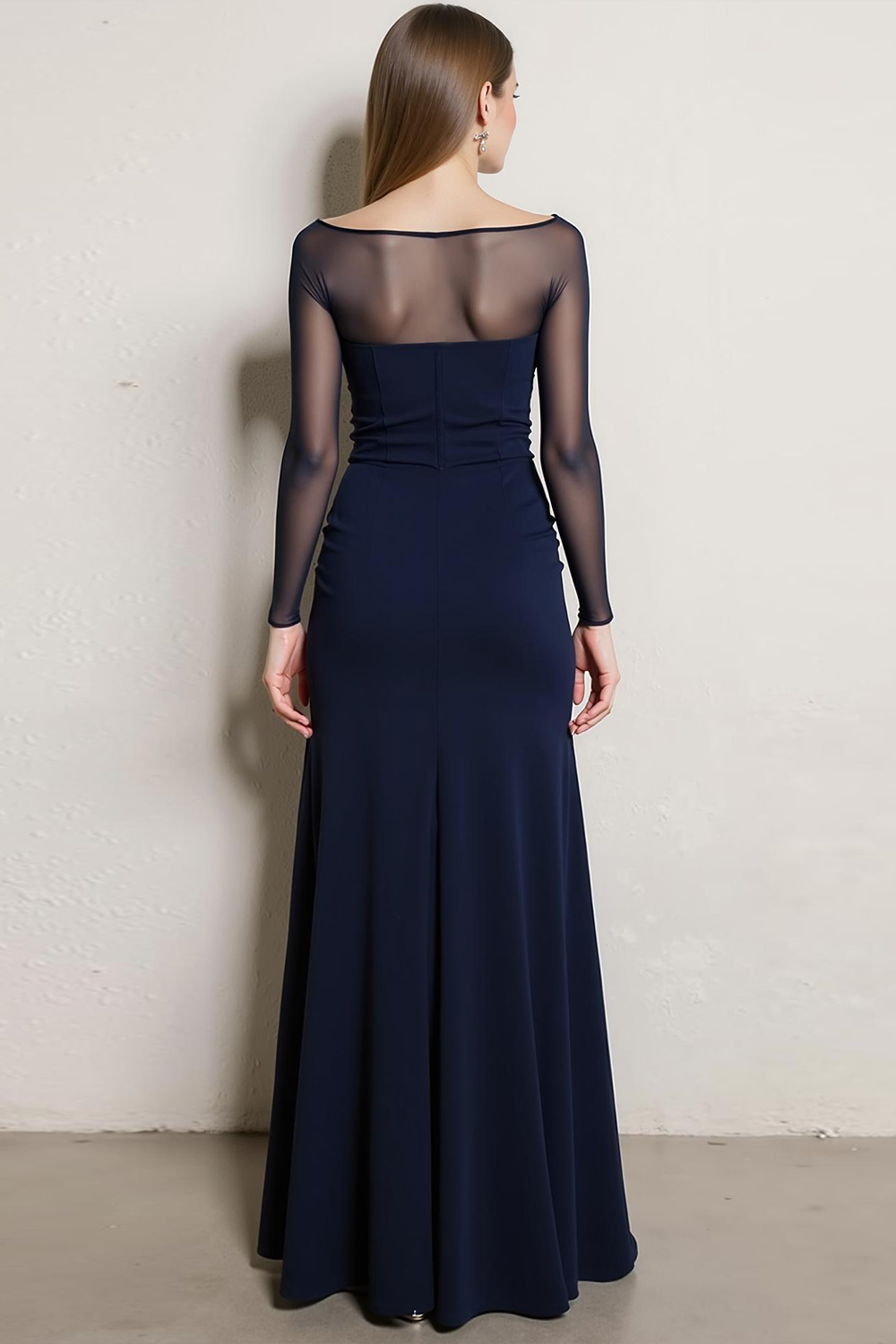 Navy Chiffon Bateau Neck Long Evening Dress with 3D Flower