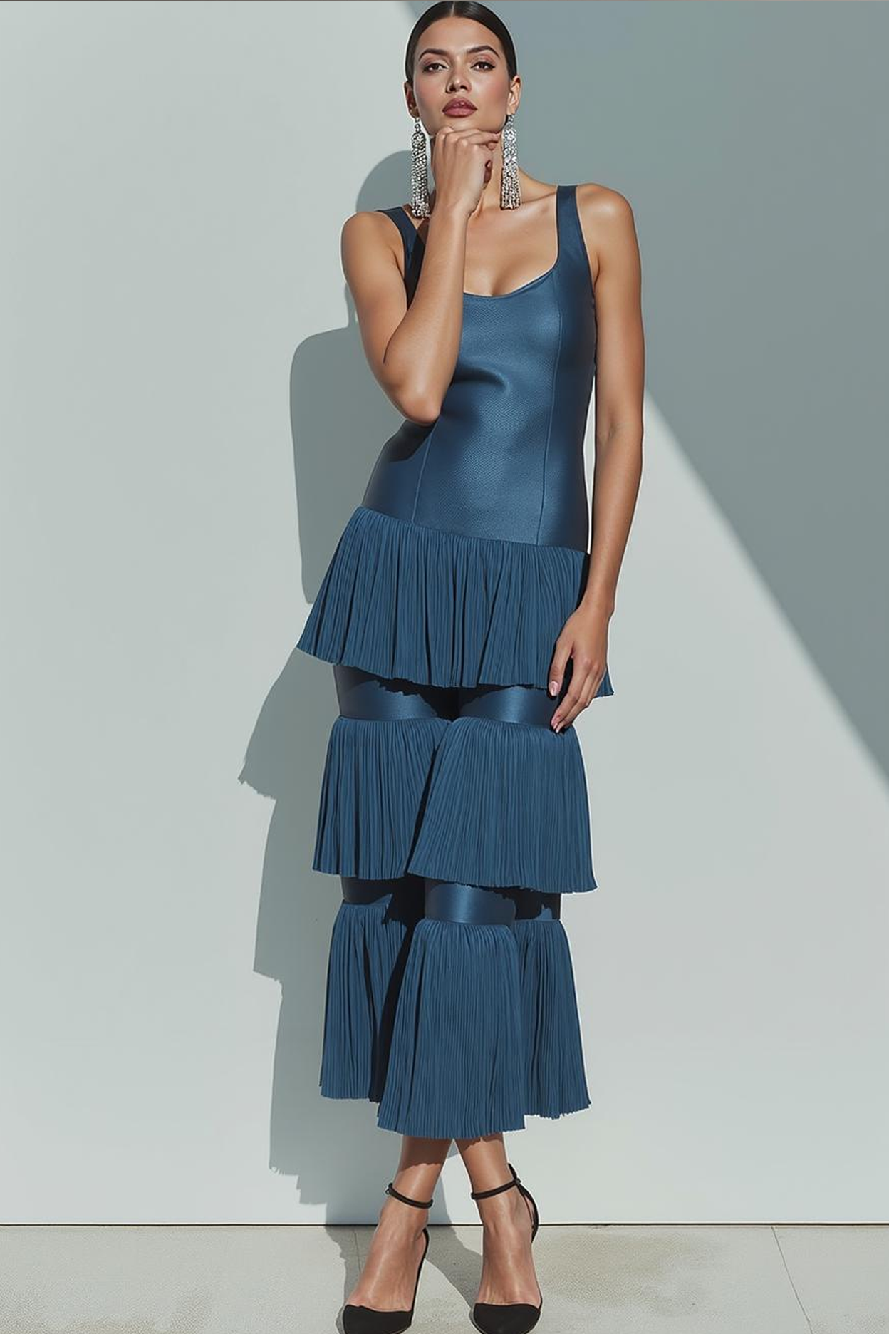 Blue Satin Tiered Thick Straps Long Evening Dress