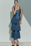 Blue Satin Tiered Thick Straps Long Evening Dress