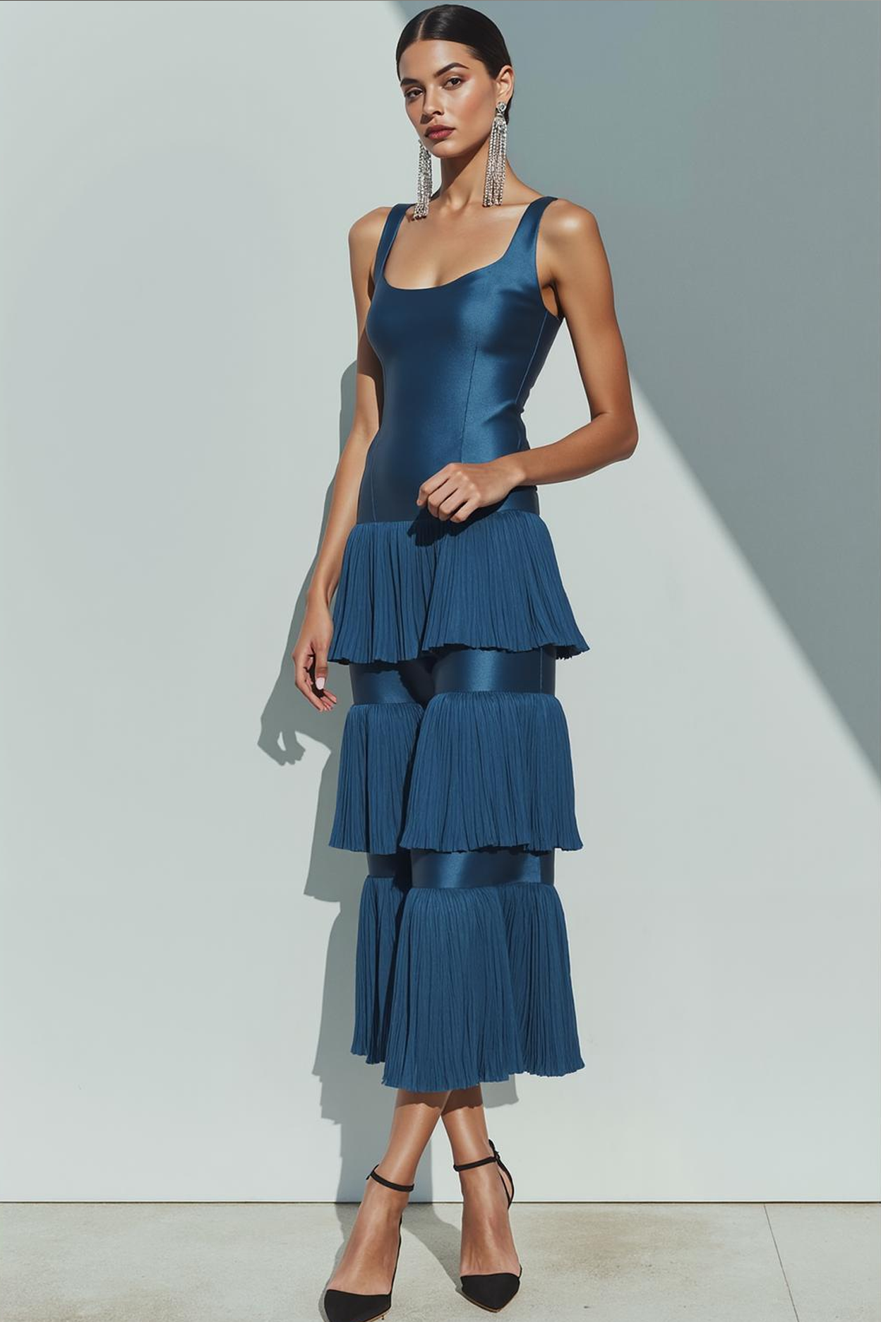 Blue Satin Tiered Thick Straps Long Evening Dress