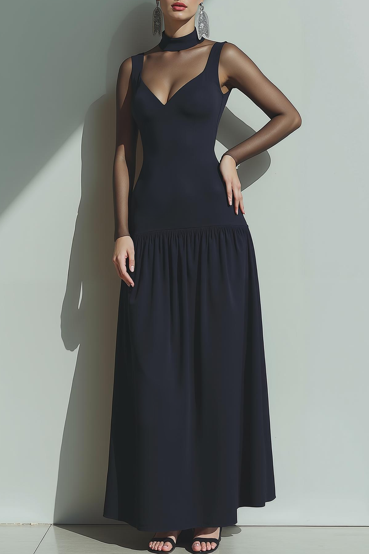 Black High Neck Sheath Long Sleeves Formal Dress