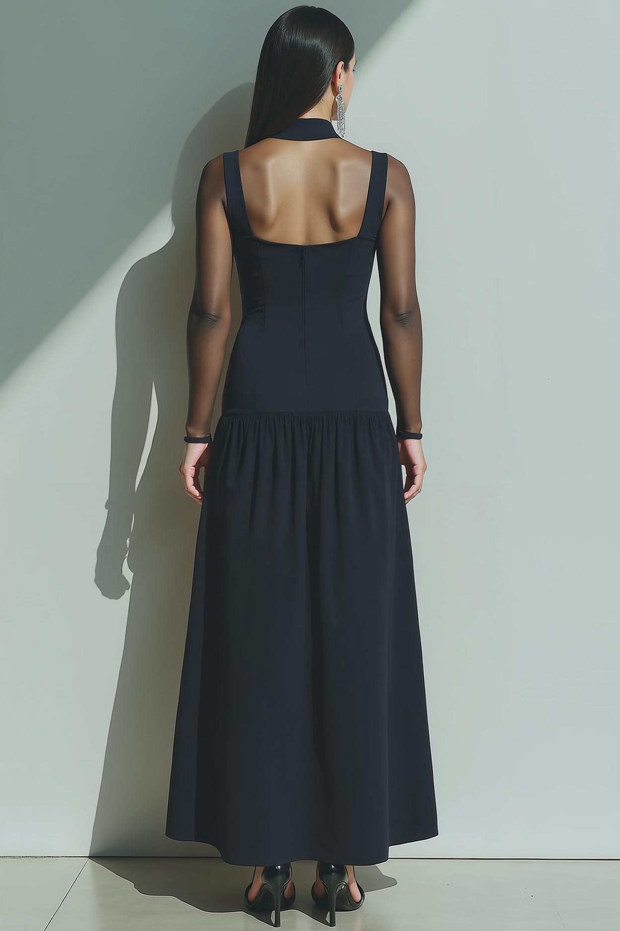 Black High Neck Sheath Long Sleeves Formal Dress