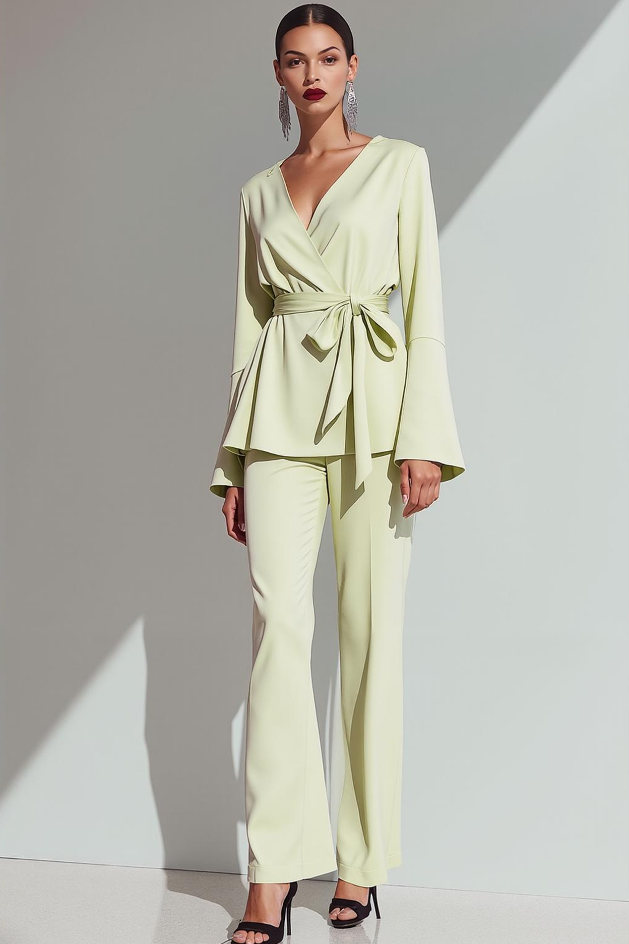 Light Green 2 Piece Long Sleeves Formal Suit with Sash