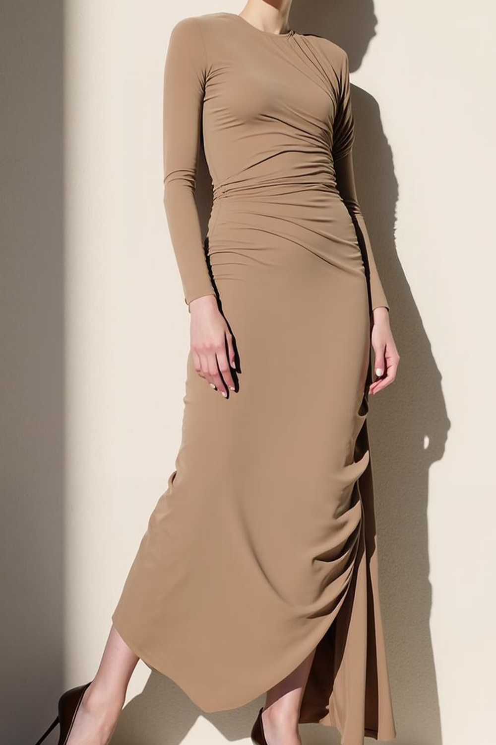 Brown Chiffon Round Neck Long Formal Dress with Sleeves