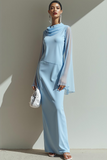 Sky Blue Sheath Maxi Formal Dress with Sleeves