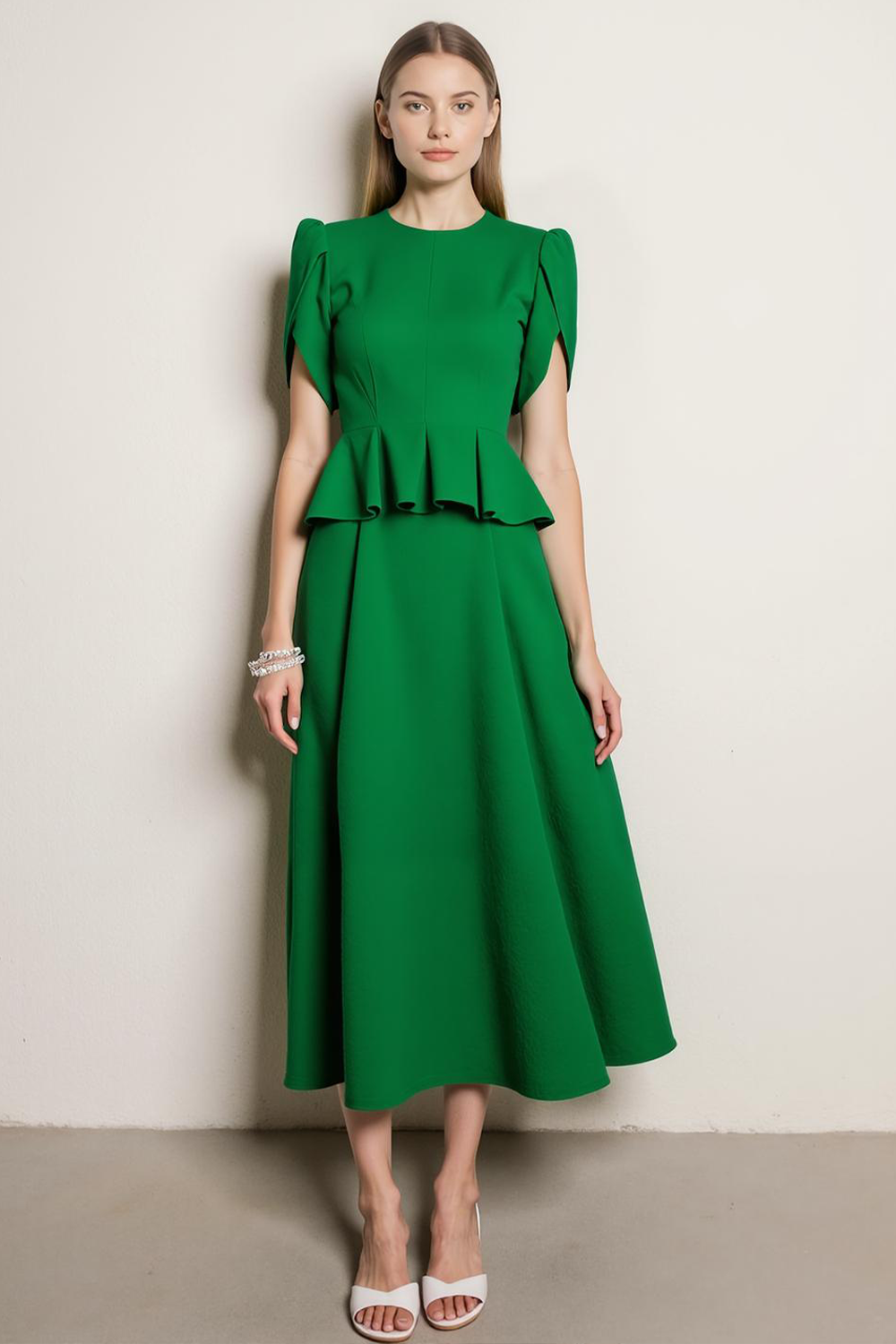 Green Long A Line Jewel Neck Work Dress with Ruffles