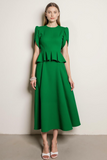 Green Long A Line Jewel Neck Work Dress with Ruffles