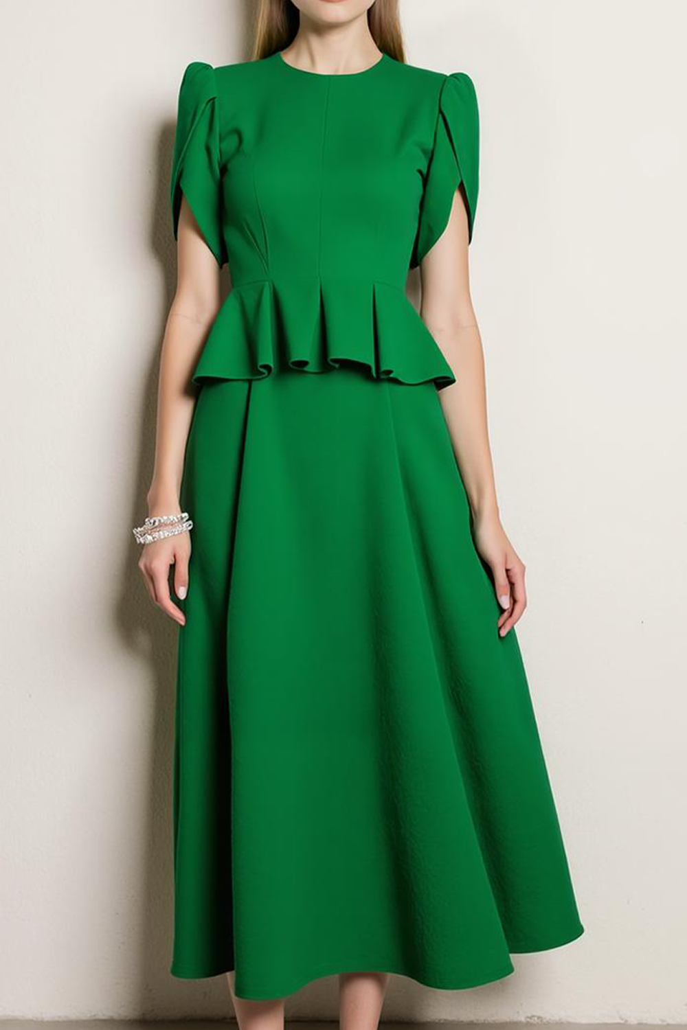 Green Long A Line Jewel Neck Work Dress with Ruffles