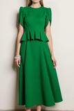 Green Long A Line Jewel Neck Work Dress with Ruffles