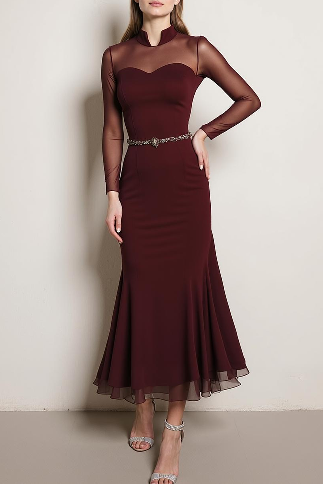 Cabernet Chiffon High Neck Maxi Formal Dress with Sleeves