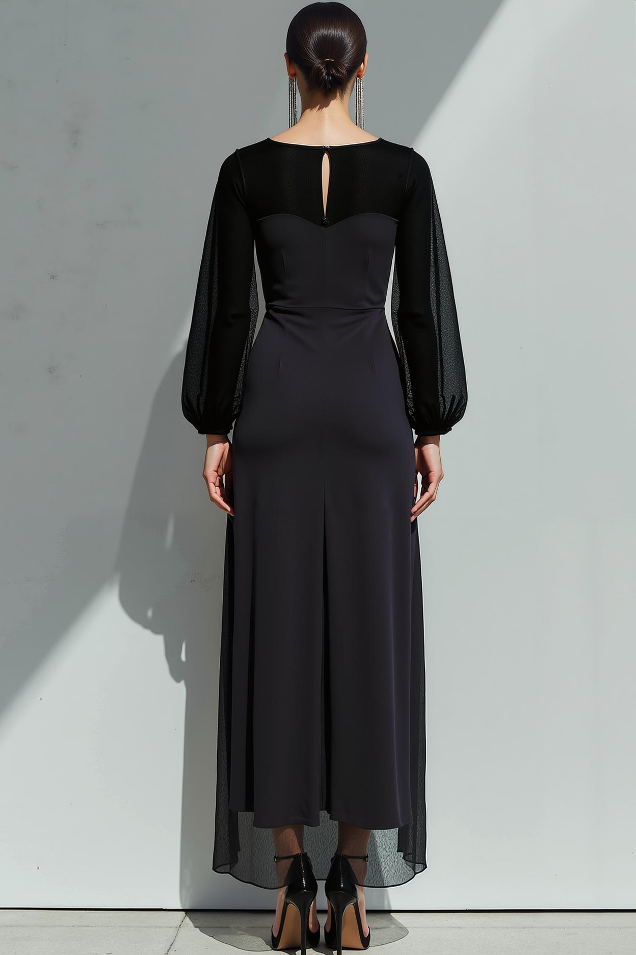 Black Boat Neck Sheath Chiffon Long Formal Dress with Sleeves