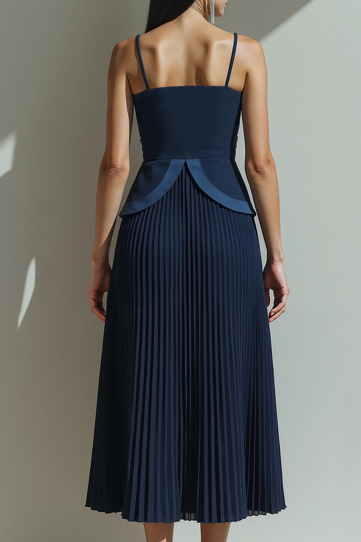 Navy A Line Pleated Spaghetti Straps Long Formal Dress
